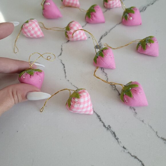 hand made fabric pink & checkered glitter strawberry hanging ornament Christmas - Picture 3 of 4